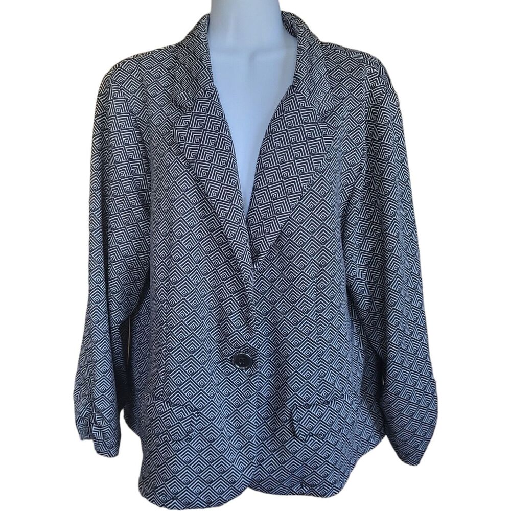 Unique Blazer Blue White Diamond Pattern Single Button Long Sleeve Size …